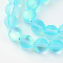 Deep Sky Blue Synthetic Moonstone Beads Strands, Holographic Beads, Dyed, Frosted, Round, Deep Sky Blue, 10mm, Hole: 1mm, about 36~39pcs/strand, 14~15 inch
