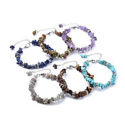 Mixed Stone Natural & Synthetic Mixed Stone Chip Bracelets, with Flat Round Tibetan Style Alloy Spacers Beads and Stainless Steel Findings, 7-1/4 inch~7-3/8 inch(18.4~18.8cm)