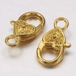 Golden Tibetan Style Heart Lobster Claw Clasps, Cadmium Free & Lead Free, Golden, 26.5x14x6mm, Hole: 4mm
