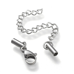 Stainless Steel Color 304 Stainless Steel Curb Chain Extender, with Cord Ends and Lobster Claw Clasps, Stainless Steel Color, Chain Extender: 52mm, Clasps: 10.5x6.5x3.5mm, Cord Ends: 7.5x2.5mm, 2mm inner diameter