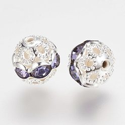 Violet Brass Rhinestone Beads, Grade A, Silver Color Plated, Round, Violet, 8mm, Hole: 1mm