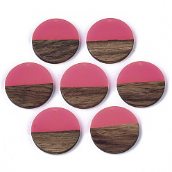 Fuchsia Transparent Resin & Walnut Wood Pendants, Flat Round, Fuchsia, 28.5x3.5~4mm, Hole: 1.5mm