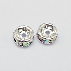 Crystal AB Rack Plating Rondelle Brass Grade A Rhinestone Spacer Beads, Silver Color Plated, Crystal AB, 4x2mm, Hole: 0.5mm