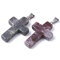 Indian Agate Natural Indian Agate Pendants, with Random Stainless Steel Snap On Bails, Cross, 44~46x27~29x6~8mm, Hole: 4x8mm