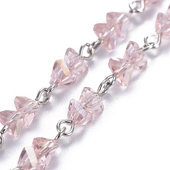 Pink Handmade Faceted Electroplate Glass Beaded Chains, Unwelded, with Platinum Tone Iron Eye Pin, Pink, 15x6mm, 39.37 inch(1m)/strand