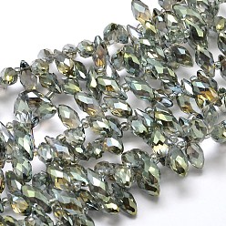 Dark Sea Green Faceted Teardrop Full Rainbow Plated Electroplate Glass Beads Strands, Top Drilled Beads, Dark Sea Green, 12x6mm, Hole: 1mm, about 100pcs/strand, 15.7 inch