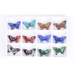 Mixed Color Handmade Silver Foil Lampwork Pendants, with Gold Sand, Butterfly, Mixed Color, 38x62x9mm, Hole: 5mm, 12pcs/box