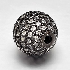 Gunmetal Round Brass Micro Pave Cubic Zirconia Beads, Clear, Gunmetal, 6mm, Hole: 1.8mm