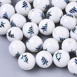 Blue Plated Christmas Opaque Glass Beads, Round with Electroplate Christmas Tree Pattern, Blue Plated, 10mm, Hole: 1.2mm
