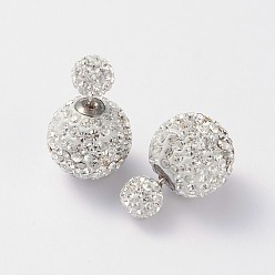 001_Crystal Double Austrian Crystal Ball Ear Studs, with 925 Sterling Silver Pins and Brass Findings, 001_Crystal, 6~12mm, Pin: 0.7mm