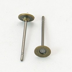 Antique Bronze Stud Earring Settings, Brass Head and Stainless Steel Pin, Lead Free & Cadmium Free & Nickel Free, Antique Bronze, 12mm, Tray: 4mm, Pin: 0.9mm
