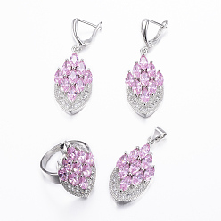 Violet Brass Micro Pave Cubic Zirconia Jewelry Sets, Pendants & Hoop Earrings & Finger Rings, Marquise/Horse Eye, Platinum, Violet, Size 6~10(16~20mm), 38.5x17x5.5mm, Hole: 5.5x4mm, 49x17x5.5mm, Pin: 1mm