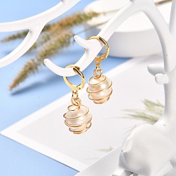 White Natural Freshwater Pearl Leverback Earrings for Women, Copper Wire Wrapped Oval Charm Dangle Earrings, White, 33mm, Pin: 1mm
