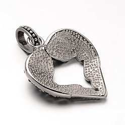 Jet Antique Silver Plated 304 Stainless Steel Rhinestone Pendants, Heart with WingJet, 39.5x31x7mm, Hole: 6.5x10mm