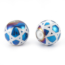 Plaqué Bleu Perles en verre electroplate, pour juif, rond avec étoile de david, bleu plaqué, 10x9.5~10mm, trou: 1.2 mm, 200 PCs / sac