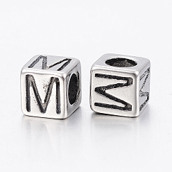Antique Silver 304 Stainless Steel Large Hole Letter European Beads, Cube with Letter.M, Antique Silver, 8x8x8mm, Hole: 5mm