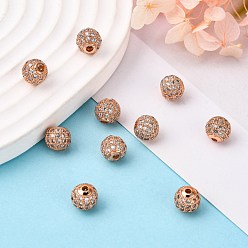 Rose Gold Brass Cubic Zirconia Beads, Round, Rose Gold, 8mm, Hole: 1.5mm