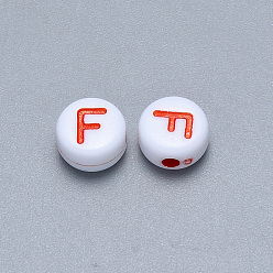 Letter F Craft Acrylic Horizontal Hole Letter Beads, Flat Round, Mixed Color, Letter.F, 7x3.5~4mm, Hole: 1.5mm, about 3600pcs/500g
