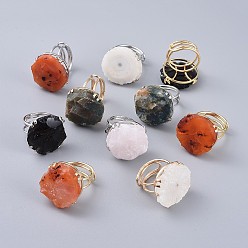 Mixed Stone Adjustable Natural Rough Raw Mixed Stone Finger Rings, with Brass Findings, Nuggets, Mixed Color, Size 8~9, 18~19.5mm