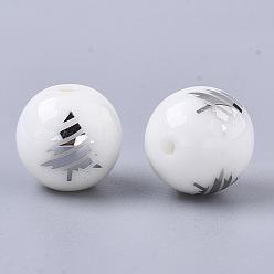 Platinum Plated Christmas Opaque Glass Beads, Round with Electroplate Christmas Tree Pattern, Platinum Plated, 10mm, Hole: 1.2mm