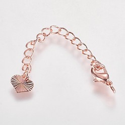 Розовый Позолоченный Удлиненный латунный удлинитель цепи, с застежками из лобстера и кончиками сердца, Настоящее розовое золото покрыто, 65x3 мм, отверстие : 2.5 мм