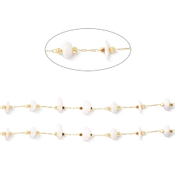 White Moonstone Handmade Beaded Chain, with Brass Cable Chain & Chip Natural White Moonstone Link Chain, Long-Lasting Plated, Soldered, Golden, 3~8x3~16mm, 32.80Feet/roll(10m/roll)