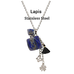 Chrysocolle et Lapis Lazuli Collier pendentif bouteille de parfum en chrysocolle naturelle et lapis-lazuli avec breloques fleur papillon et pompon en acier inoxydable, bijoux de fiole d'huile essentielle pour les femmes, 18.11 pouce (46 cm)