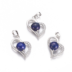 Lapis Lazuli Natural Lapis Lazuli Pendants, with Platinum Tone Brass Findings and Crystal Rhinestone, Heart, Dyed, 29x21.5x9mm, Hole: 7x3.5mm