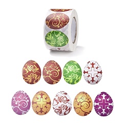 Mixed Patterns 9 Patterns Easter Theme Self Adhesive Paper Sticker Rolls, Egg-Shaped Sticker Labels, Gift Tag Stickers, Floral & Cross, Mixed Patterns, 38x30x0.1mm, 500pcs/roll