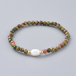 Unakite Natural Unakite Beads Stretch Bracelets, with Brass Beads and Natural Pearl Beads, 2-1/2 inch(6.4cm)