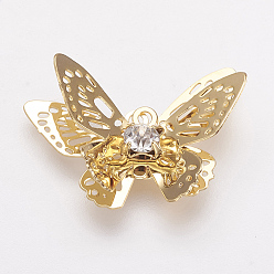 Real 18K Gold Plated Brass Micro Pave Cubic Zirconia Pendants, Real 18K Gold Plated, Butterfly, 13.5x20x4mm, Hole: 1mm