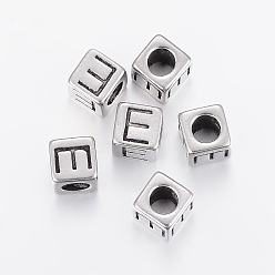Antique Silver 304 Stainless Steel Large Hole Letter European Beads, Cube with Letter.E, Antique Silver, 8x8x8mm, Hole: 5mm