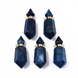 Lapis Lazuli Faceted Natural Lapis Lazuli Pendants, Openable Perfume Bottle, with Golden Tone Brass Findings, Hexagon, 40~41.5x15x13.5mm, Hole: 1.8mm, Bottle Capacity: 1ml(0.034 fl. oz)