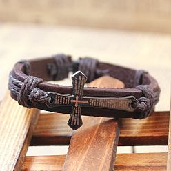 Brown Adjustable Cross with Word Iron Braided Leather Cord Bracelets, (Font Random Single Color or Random Mixed Color), Brown, 60mm