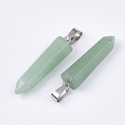Aventurine Verte Vert pendentifs point aventurine naturelles, avec les accessoires en laiton de tonalité de platine, balle, 35~37x10~11x9~10mm, Trou: 6~7x2.5~4mm