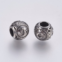 Antique Silver 316 Surgical Stainless Steel European Beads, Large Hole Beads, Rondelle, Capricorn, Antique Silver, 10x9mm, Hole: 4mm