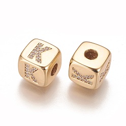 Letter K Brass Micro Pave Cubic Zirconia Beads, Horizontal Hole, Real 18K Gold Plated, Long-Lasting Plated, Cube with Letter, Clear, Letter.K, 9x9x9mm, Hole: 3.5mm