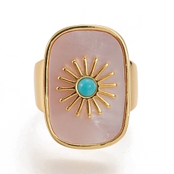 Natural Turquoise Brass Cuff Rings, Open Rings, with Natural Shell & Turquoise, Long-Lasting Plated, Real 18K Gold Plated, Rectangle with Sun, Size 7, Inner Diameter: 17mm