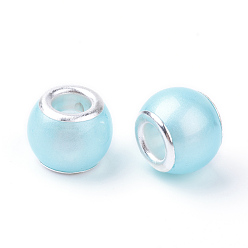 Light Sky Blue Glass ABS Plastic Imitation Pearl European Beads, Large Hole Beads, Rondelle, with Silver Color Plated Brass Cores, Light Sky Blue, 11.5~12x9~10mm, Hole: 5mm