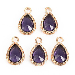 Purple Glass Pendants, with Brass Findings, Faceted, Teardrop, Light Gold, Purple, 15x9x4.5mm, Hole: 1.8~2mm