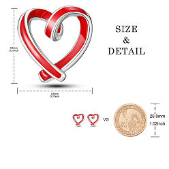 Silver SHEGRACE 925 Sterling Silver Stud Earrings for Women, Baking Painted, Heart, Silver Color Plated, Red, 9.5x9.5mm