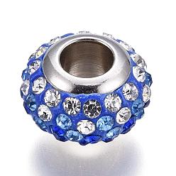 Mixed Color 304 Stainless Steel Polymer Clay Rhinestone European Beads, Stainless Steel Color Core, Large Hole Rondelle Beads, Mixed Color, 12x8mm, Hole: 5mm