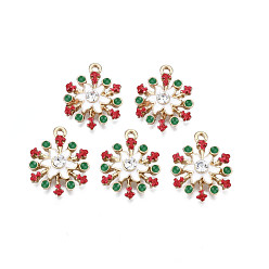 White Rack Plating Alloy Enamel Pendants, with Crystal Rhinestone, Cadmium Free & Nickel Free & Lead Free, Light Gold, Christmas Snowflake, White, 21x17x5mm, Hole: 1.6mm