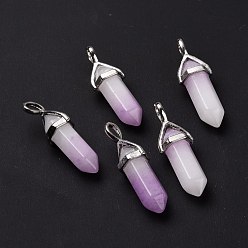 White Jade Natural White Jade Pendants, Faceted, with Platinum Tone Brass Findings, Lead free & Cadmium Free, Dyed, Lilac, Bullet, 27~30x9~10x7~8mm, Hole: 4x3mm