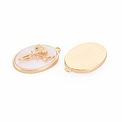 August Poppy Brass Birth Floral Pendants, Oval with Flower Mother of Pearl White Shell Charms, Nickel Free, Real 18K Gold Plated, August Poppy, 27x18x4mm, Hole: 1.8mm