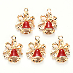 Red Alloy Enamel Pendants, for Christmas, Jingle Bell, Light Gold, Red, 21x15.5x5mm, Hole: 2mm