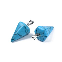 Synthetic Turquoise Cone/Spike/Pendulum Dyed Synthetical Blue Turquoise Stone Pendants, with Platinum Plated Iron Findings, 25~27x14x14mm, Hole: 6x3mm