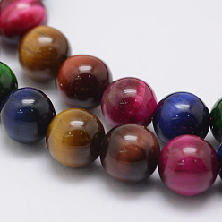 Mixed Color Natural Tiger Eye Beads Strands, Round, Dyed, Mixed Color, 6mm, Hole: 1mm, about 63pcs/strand, 14.96 inch(38cm)