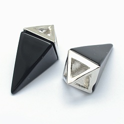 Obsidian Natural Obsidian Pendants, with Alloy Findings, Triangle, Platinum, 34x14x14.5mm, Hole: 4x6mm