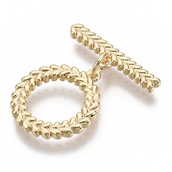 Real 18K Gold Plated Brass Toggle Clasps, Nickel Free, Leaf, Real 18K Gold Plated, 24mm, Bar: 20x5x2mm, hole: 1.2mm, Ring: 17x15x2mm, hole: 1.2mm, Jump Ring: 5x1mm